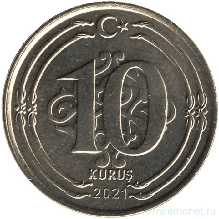 Монета. Турция. 10 курушей 2021 год.