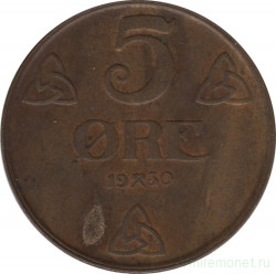 Монета. Норвегия. 5 эре 1930 год.