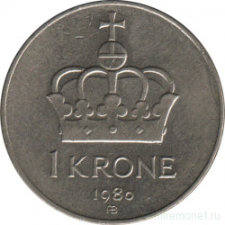 Монета. Норвегия. 1 крона 1980 год.