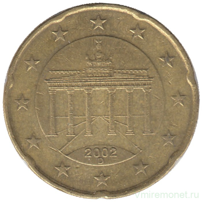 Монета. Германия. 20 центов 2002 год. (D). Монета. Германия. 20 центов 2002 год. (D).