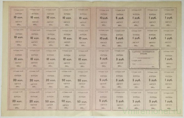 Бона. Россия. Кубань. Карточка потребителя на август 1991 года. Полный лист.