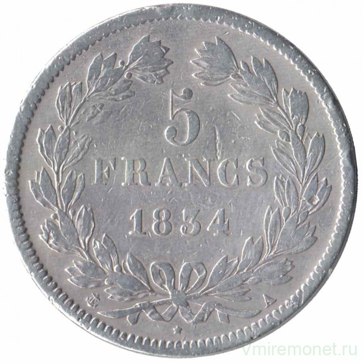 Монета. Франция. 5 франков 1834 год. А.