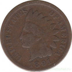 Монета. США. 1 цент 1891 год.