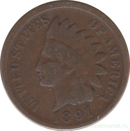 Монета. США. 1 цент 1891 год.