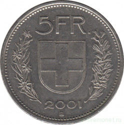 Монета. Швейцария. 5 франков 2001 год.
