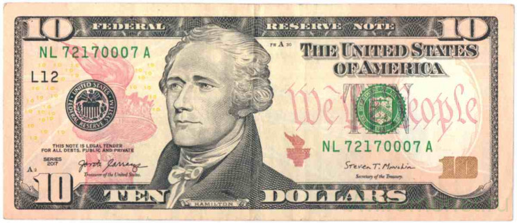 Банкнота. США. 10 долларов 2017 год. Серия NL. Тип W545B(1).