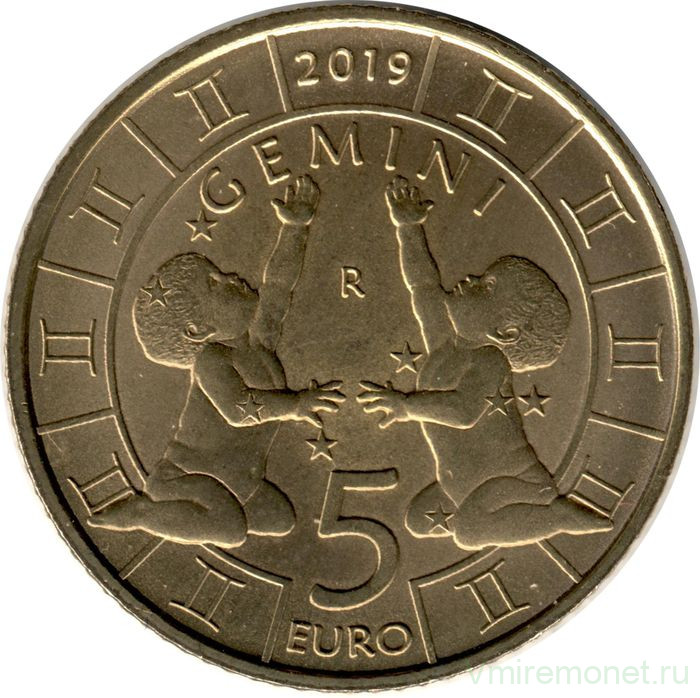 Монета. Сан-Марино. 5 евро 2019 год. Близнецы. Знаки зодиака.