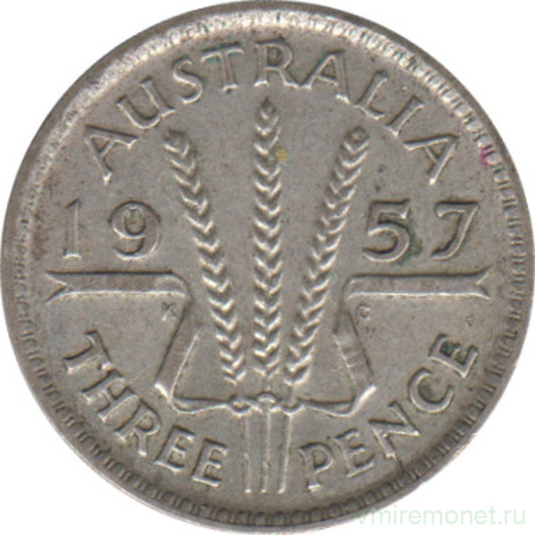 Монета. Австралия. 3 пенса 1957 год.