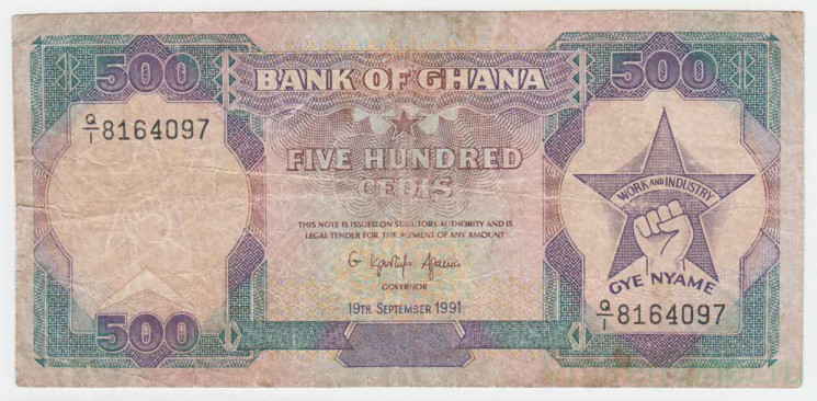 Банкнота. Гана. 500 седи 1991 год. Тип 28c.