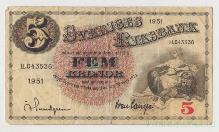 Банкнота. Швеция. 5 крон 1951 год. Вариант 2.