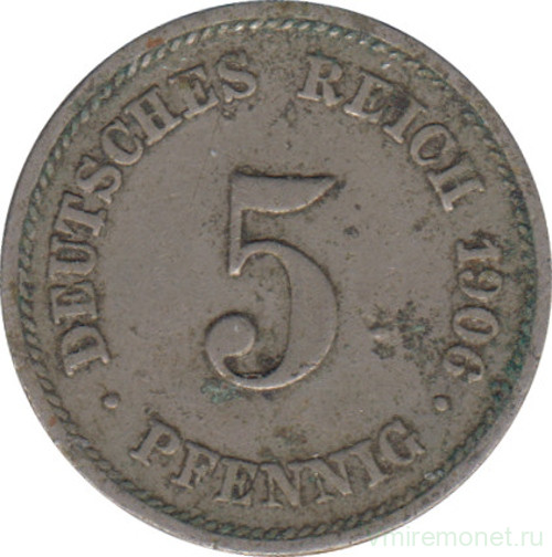 Монета. Германия (Германская империя 1871-1922). 5 пфеннигов 1906 год. (E).