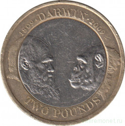 Монета. Великобритания. 2 фунта 2009 год. 200 лет со дня рождения Чарльза Дарвина.