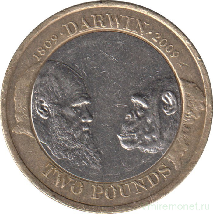Монета. Великобритания. 2 фунта 2009 год. 200 лет со дня рождения Чарльза Дарвина.