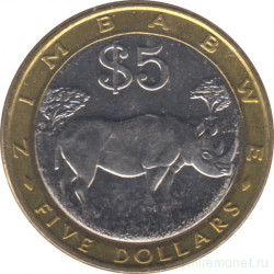 Монета. Зимбабве. 5 долларов 2001 год.