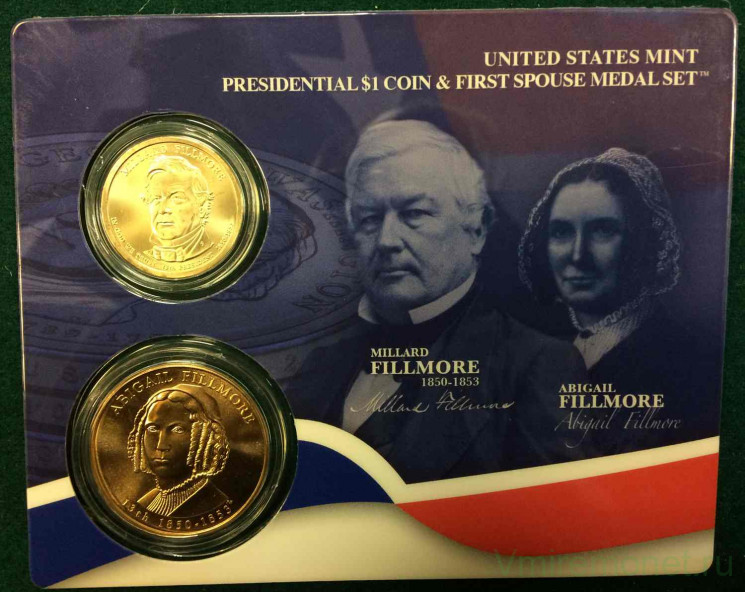 Монета. США. Набор 1 доллар и жетон 2010 год. Президент США № 13, Миллард Филлмор и его супруга Абигаль Филлмор.