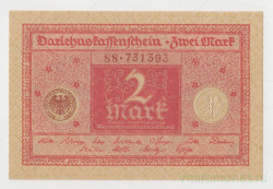 Банкнота. Кредитный билет. Германия. Веймарская республика. 2 марки 1920 год. Изображение - красный, печать - коричневый цвет. 2 и 6 цифр в нумераторе.