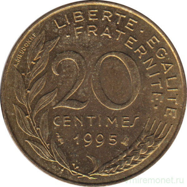 Монета. Франция. 20 сантимов 1995 год.
