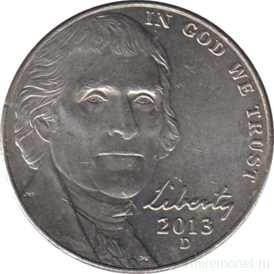 Монета. США. 5 центов 2013 год. Монетный двор D.