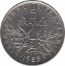 Монета. Франция. 5 франков 1989 год. ав.