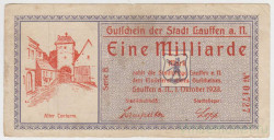 Бона. Нотгельд. Германия. Город Лауффен на Неккаре. 1 миллиард марок 1923 год. Ворота.