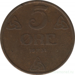 Монета. Норвегия. 5 эре 1931 год.
