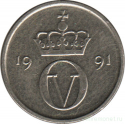 Монета. Норвегия. 10 эре 1991 год.