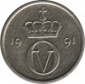  Монета. Норвегия. 10 эре 1991 год. ав.