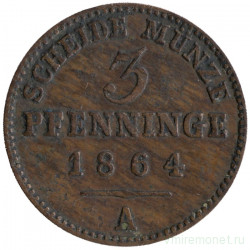 Монета. Германия. Пруссия. 3 пфеннига 1864 год. А.