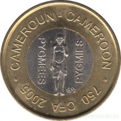 Монета. Камерун. 750 франков 2005 год. Пигмеи. Биметалл.