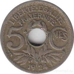 Монета. Франция. 5 сантимов 1924 год. Монетный двор - Пуасси. Аверс - молния.