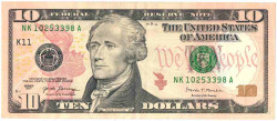 Банкнота. США. 10 долларов 2017 год. Серия NK. Тип W545B(1). 