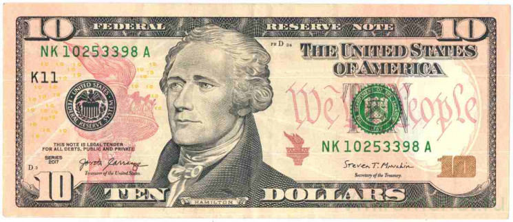 Банкнота. США. 10 долларов 2017 год. Серия NK. Тип W545B(1). 