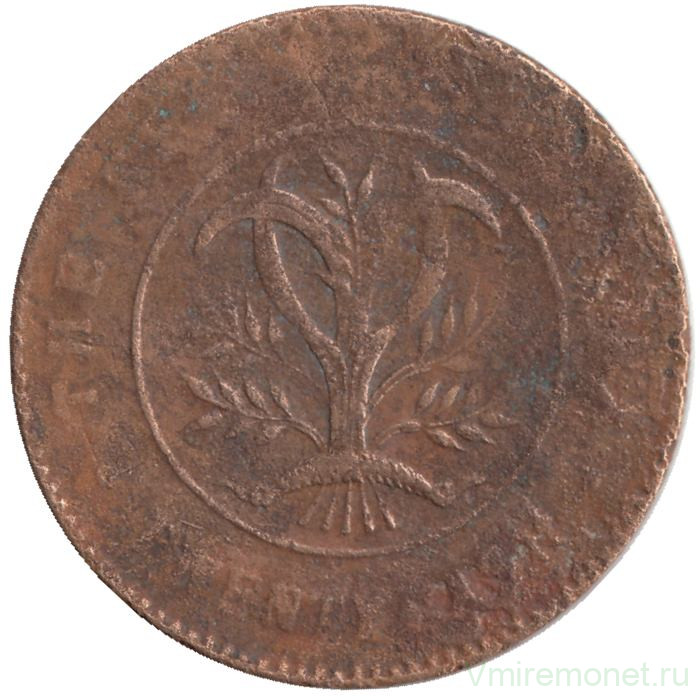 Монета. Китай (республика). Провинция Хунань. 20 кэшей 1919 год. Надпись "TWENTY CASH". Пятиконечный цветок на реверсе.