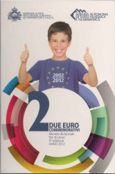 Монета. Сан-Марино. 2 евро 2012 год. 10 лет наличному обращению евро. (Буклет, коинкарта).