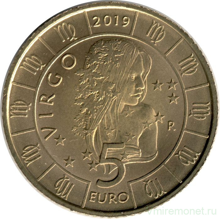 Монета. Сан-Марино. 5 евро 2019 год. Дева. Знаки зодиака.