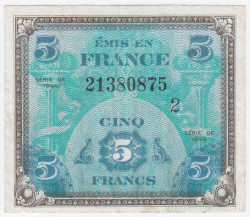 Банкнота. Франция. Американская оккупация. 5 франков 1944 год. Второй выпуск. Тип 115b.