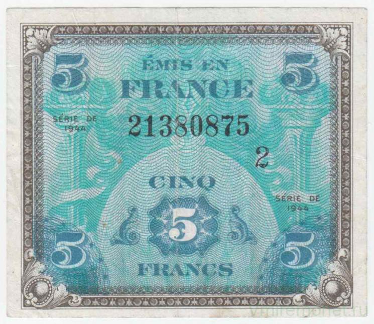 Банкнота. Франция. Американская оккупация. 5 франков 1944 год. Второй выпуск. Тип 115b.