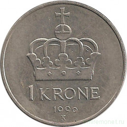 Монета. Норвегия. 1 крона 1990 год.