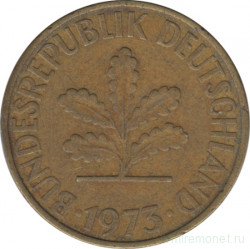 Монета. ФРГ. 10 пфеннигов 1973 год. Монетный двор - Карлсруэ (G).