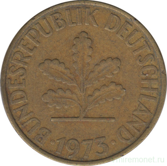 Монета. ФРГ. 10 пфеннигов 1973 год. Монетный двор - Карлсруэ (G).
