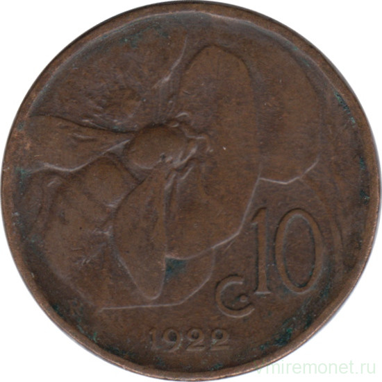 Монета. Италия. 10 чентезимо 1922 год.