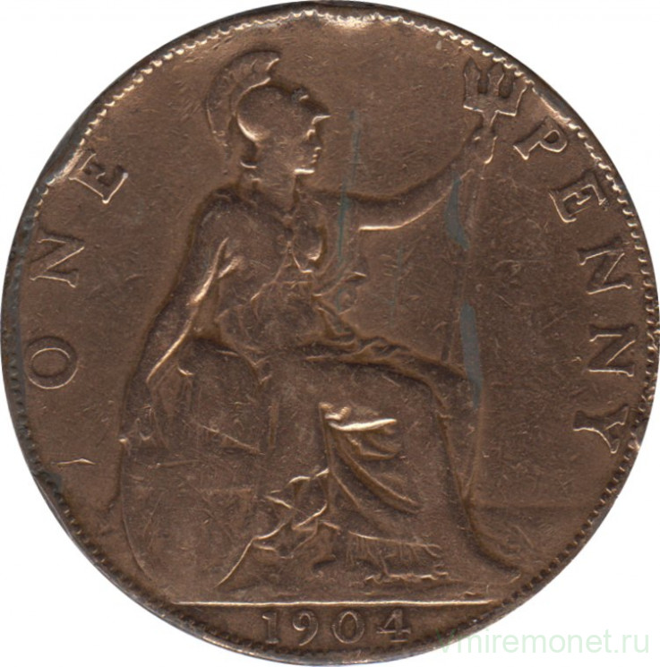 Монета. Великобритания. 1 пенни 1904 год.