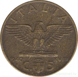 Монета. Италия. 5 чентезимо 1940 год.