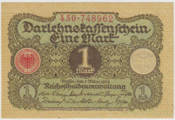 Банкнота. Германия. Кредитный билет. Веймарская республика. 1 марка 1920 год. 3 и 6 цифр в нумераторе.