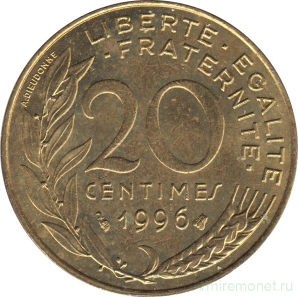Монета. Франция. 20 сантимов 1996 год.