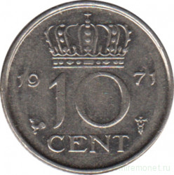 Монета. Нидерланды. 10 центов 1971 год.