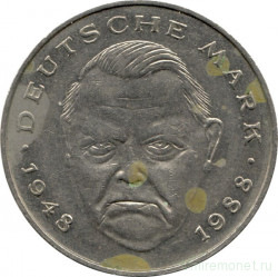 Монета. ФРГ. 2 марки 1990 год. Людвиг Эрхард. Монетный двор - Штутгарт (F).