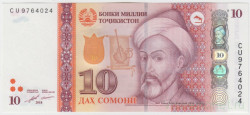 Банкнота. Таджикистан. 10 сомони 2018 год.