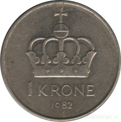 Монета. Норвегия. 1 крона 1982 год.