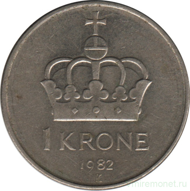 Монета. Норвегия. 1 крона 1982 год.